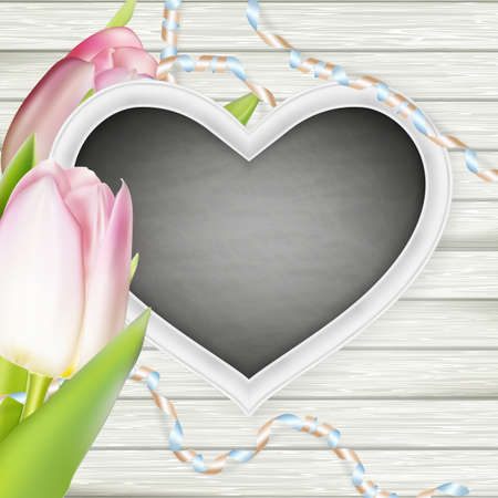 Heart shaped frame with tulips on white wooden background. vector file includedのイラスト素材