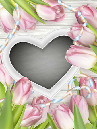 Heart shaped frame with tulips on white wooden background. vector file includedのイラスト素材