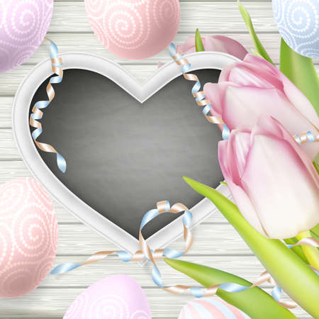 Festive composition with pink tulips, chalk board and eggs on wooden background.  vector file includedのイラスト素材