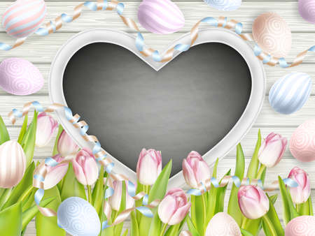 Easter concept. Top view of pink tulips with blank blackboard and colorful painted Easter eggs on wooden background.   vector file includedのイラスト素材