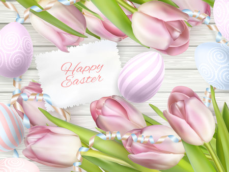 Easter eggs on wooden table with card. Holiday background.  vector file includedのイラスト素材