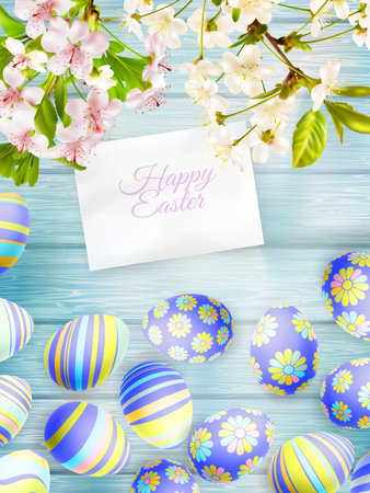 Flowers and easter eggs on the wooden background.のイラスト素材