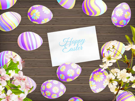 Easter eggs in beautiful and different colors lie on wooden background.のイラスト素材