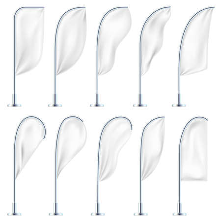 Set of 10 Realistic white textile flags. Marketing and canvas. Object for advertising illustration. EPS 10 vector file includedのイラスト素材