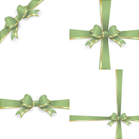 Set with different gift wrapping compositions of green gold bow and ribbon isolated on white background. Green gold ribbons. Green gold bow backgrounds. vector file includedのイラスト素材