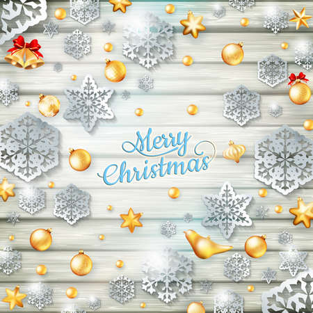 Christmas template with baubless, paper cutout of snowflakes. EPS 10 vector file includedのイラスト素材