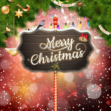 Wooden banner with Christmas Fir-tree branches. EPS 10 vector file includedのイラスト素材