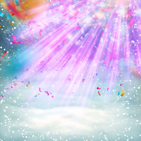 Merry Christmas background. Landscape with many falling tiny confetti pieces.のイラスト素材