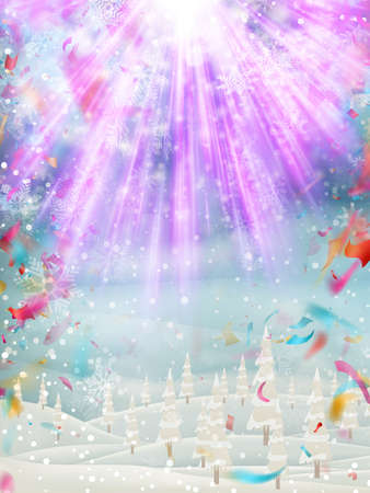 Merry Christmas background. Landscape with many falling tiny confetti pieces.のイラスト素材
