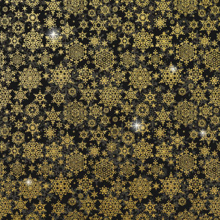 Gold glittering snowflakes pattern on black background. EPS 10 vector file includedのイラスト素材