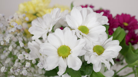 A Beautiful Floral Arrangement Featuring Elegant White Daisies Alongside Vibrant Colorful Bloomsの写真素材