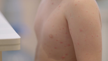 A child displaying a skin condition is observed in a natural environment setting nearby