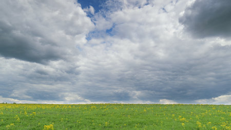 A Beautiful Scenic Cloudy Sky Over Lush Green Fields Filled with Colorful Wildflowers Time lapse.の写真素材