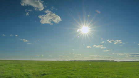 A Vibrant Sunlit Landscape Spreading Over a Lush Green and Expansive Field in Nature Time lapse.の写真素材