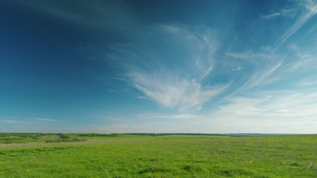 An Expansive Green Landscape is Beautiful Beneath the Clear Blue Sky, Perfect for Explorationの写真素材