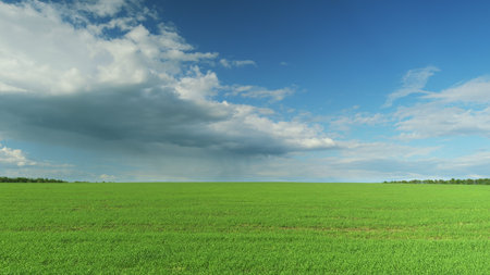 A Vast Green Field Spreading Out Under a Clear and Bright Blue Sky, Perfectly Calm and Serene Time lapse.の写真素材