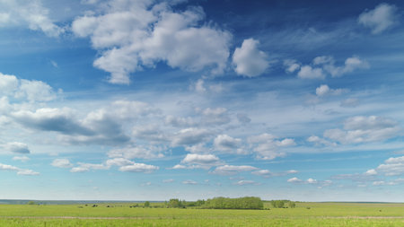 A Beautiful Expansive Sky and Lush Green Fields Stretching Under Bright, Fluffy Clouds Time lapse.の写真素材