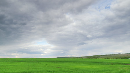 Vast and Expansive Green Fields Stretching Out Under a Dramatic and Cloudy Sky Above Time lapse.の写真素材
