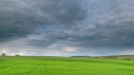 A Lush Green Field Spreads Majestically Under a Dramatic, Cloudy Sky Above It All Time lapse.の写真素材