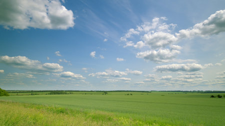 Time lapse. Expansive Green Fields Spreading Out Under a Beautiful Blue Sky with Fluffy Clouds Presentの写真素材