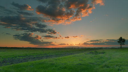 A Tranquil Sunset Shines Over Lush, Expansive Green Fields, Providing a Scenic View Time lapse.の写真素材