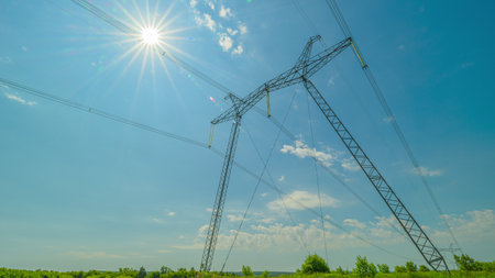 Transmission Tower. Visualization Of Current In Wires. Electric Tower Line.