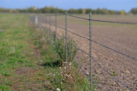 A Barbed Wire Fence is Positioned Alongside an Agricultural Field in a Beautiful Sunny Landscapeの写真素材