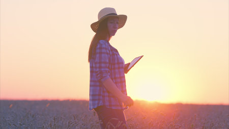 A young woman is using a tablet in a beautiful field while enjoying the sunset view