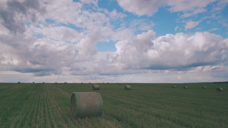 A stunning serene landscape featuring hay bales resting peacefully under a picturesque cloudy sky