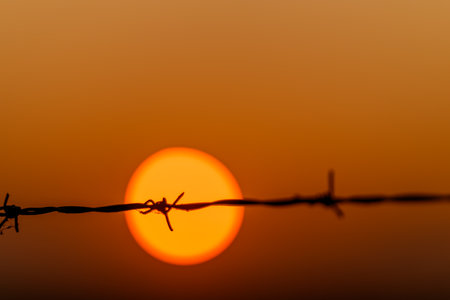 The Sunset Behind Barbed Wire A Powerful and Striking Contrast in Natures Beautyの写真素材