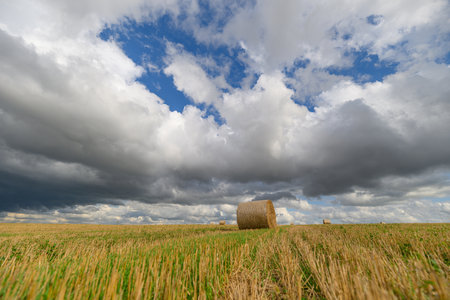 Bales of hay elegantly positioned beneath the dramatic and captivating skies filled with cloudsの写真素材