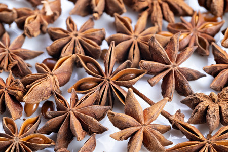 Star anise detailed, Focus on natural textures and aromatic features of star anise pods,...