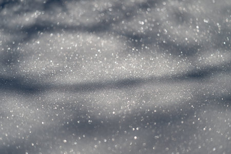 Shimmering icy landscape. Frozen scenery with gentle shadows. Bright frost over peaceful winter scene. Crystalcovered snow field with delicate light effects and calm atmosphereの写真素材