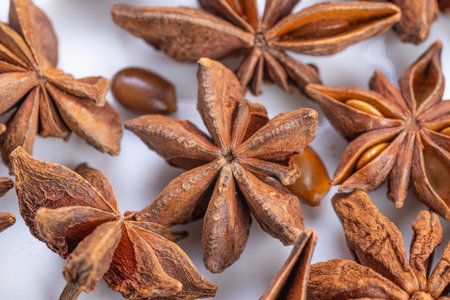 Detailed spice closeup, Highresolution image capturing glossy star anise pods and seeds, Closeup...
