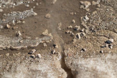 Melting ice on earthy ground. Tiny water channel weaving through soil and scattered stones. Seasonal...