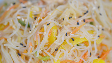 Fresh rice noodle salad mix. Bright market style vermicelli with vegetables. Vivid and healthy...