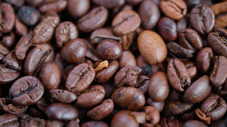 Rich aromatic coffee, Detailed macro shot of aromatic coffee beans, Vivid macro image showcasing...