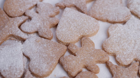 Cookies with sugar, Homemade treats decorated simply, Warm baked cookies with powdered topping,...