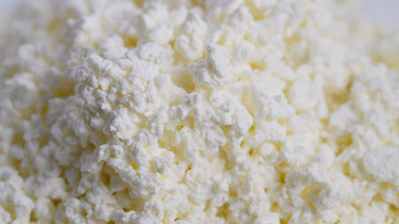 Cheese texture closeup, Detailed view of cottage cheese texture and color, Macro image capturing...