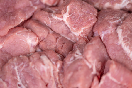 Closeup of tender pork slices. Detailed view of marbled pork cuts showing fat lines. Close...