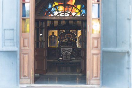 Tula, Russia - August 4, 2026: Beauty of Holy Assumption Cathedral in Tula Russia welcomes visitors through its elegant wooden doors and stunning stained glass
