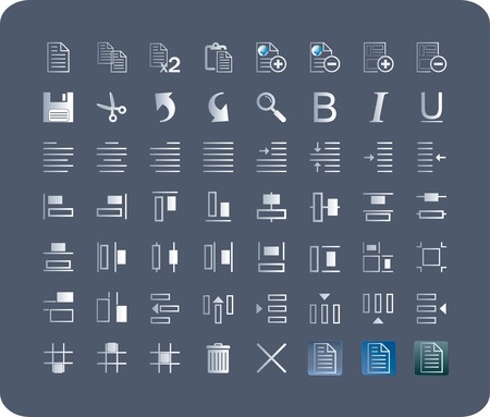 a set of 53  icons suitable for applications, business-oriented products, text type, distribution and align of objects, with 3 background option, toolbar, the symbols are easily recognizable, making the user interface intuitive and easy to learnのイラスト素材