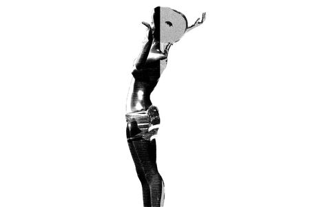 Sketch grayscale  of a woman modeling in a looking up position, describing astonishment and amazement. The lights reflect on her body and clothes.の写真素材