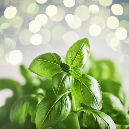 Fresh basil leaves over bokeh lights background. Healthy food conceptの素材