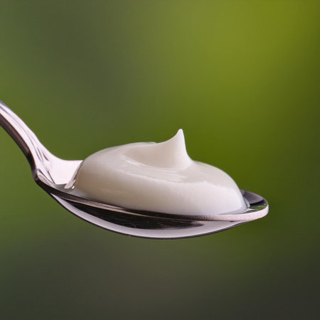 Sour cream on a spoon on a green background, close-upの素材
