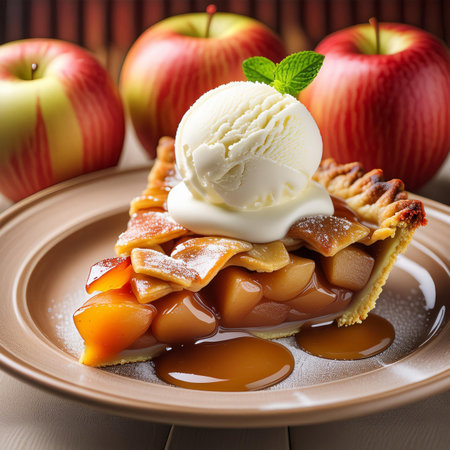 Apple pie with ice cream on wooden background. Selective focus.の素材