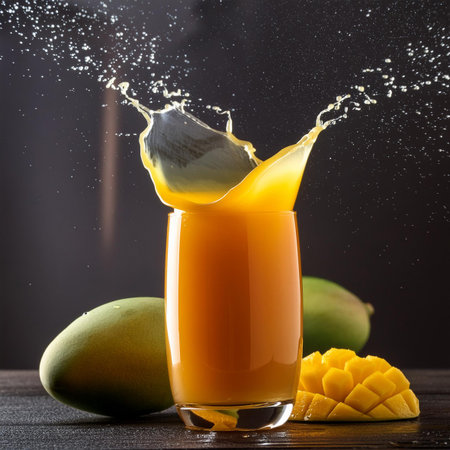 Mango juice splashing into a glass with mango pieces on a black backgroundの素材