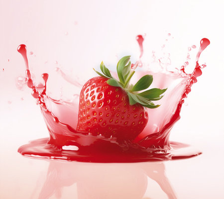 strawberry in a splash of juice on a white background.の素材