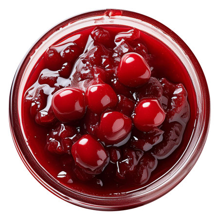Cherry jam in a glass jar isolated on white background. Top view.の素材