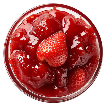 Strawberry jam in glass bowl isolated on white background. Top view.の素材
